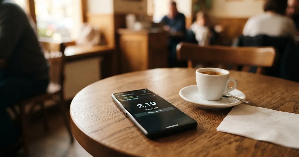 Smartfon z ciemnym ekranem leży na drewnianym stoliku w kawiarni obok małej filiżanki kawy, w miękkim świetle z okna.