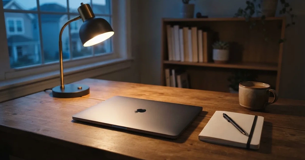 Zamknięty laptop i mały notes leżą na uporządkowanym domowym biurku obok lampki biurkowej.