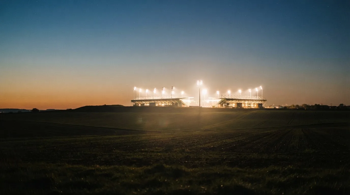Stadion rozświetlony reflektorami widziany z daleka znad ciemnych pól w pogodny wieczór.
