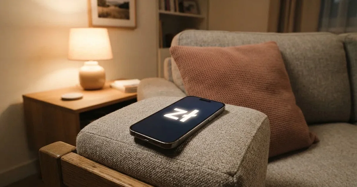 Smartfon z ciemnym wyświetlaczem leży na poręczy sofy obok poduszki w ciepłym świetle lampy.