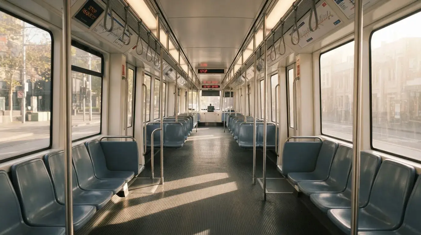 Wnętrze pustego tramwaju z rzędami siedzeń i poręczą w porannym świetle.