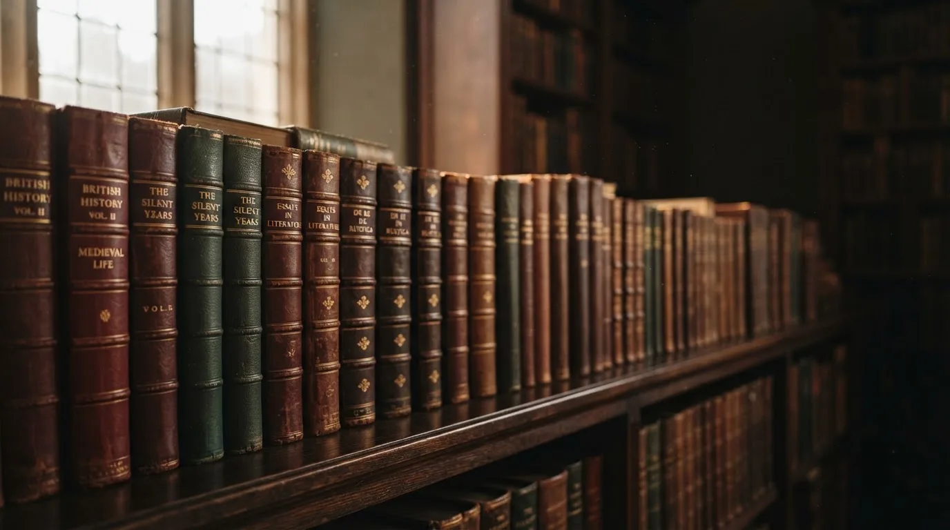 Regał z zamkniętymi książkami w skórzanych oprawach w cichej bibliotece, światło pada z boku.