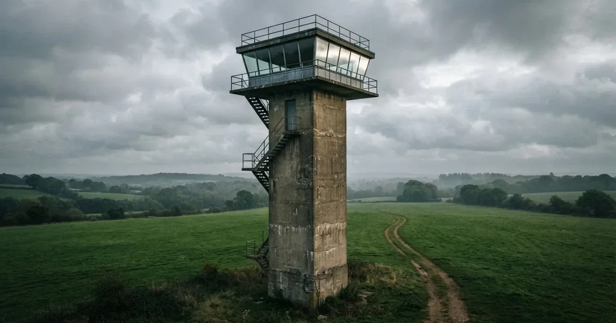 Wysoka wieża obserwacyjna z dużymi oknami na tle zachmurzonego nieba, u jej podnóża zielone pole.