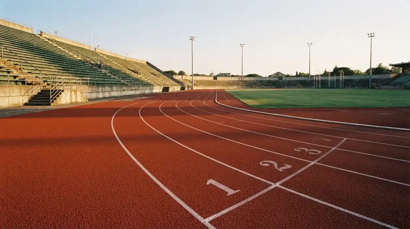 Bieżnia lekkoatletyczna wygięta w łuk pustego stadionu w porannym słońcu.