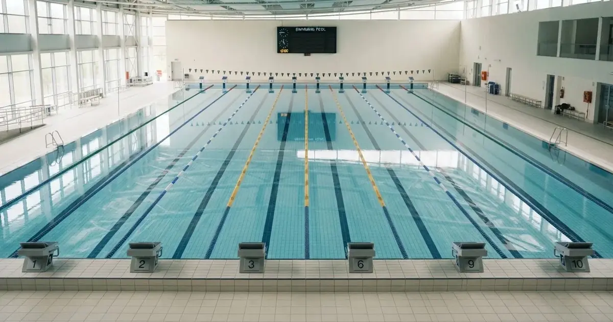 Pusty basen olimpijski z równymi torami i spokojną taflą wody, widok z trybun w jasnym świetle.