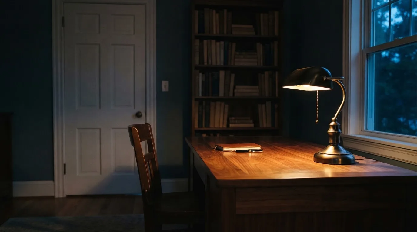 Lampa biurkowa świecąca na pustym drewnianym biurku w cichym gabinecie wieczorem, obok puste krzesło.